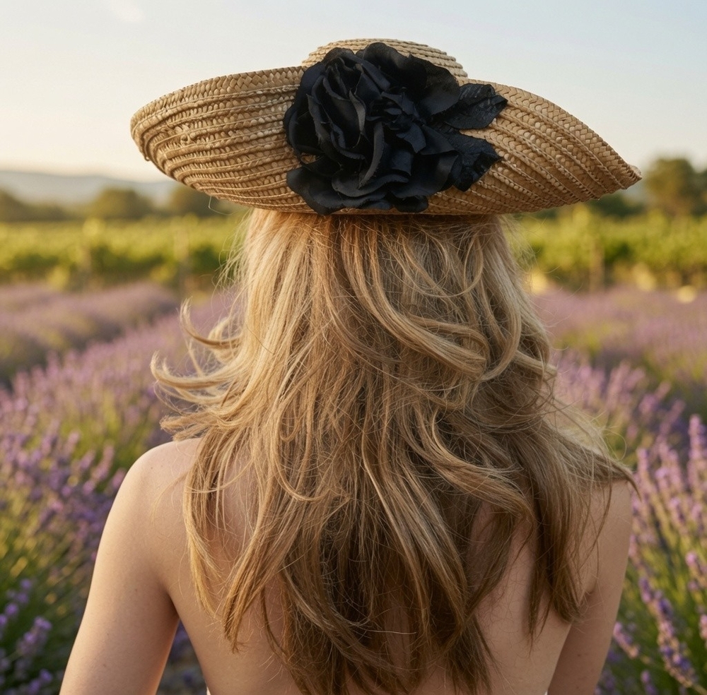 Vintage Wide Brim Natural Straw Sun Hat Black Satin Rose Flower Accent VG